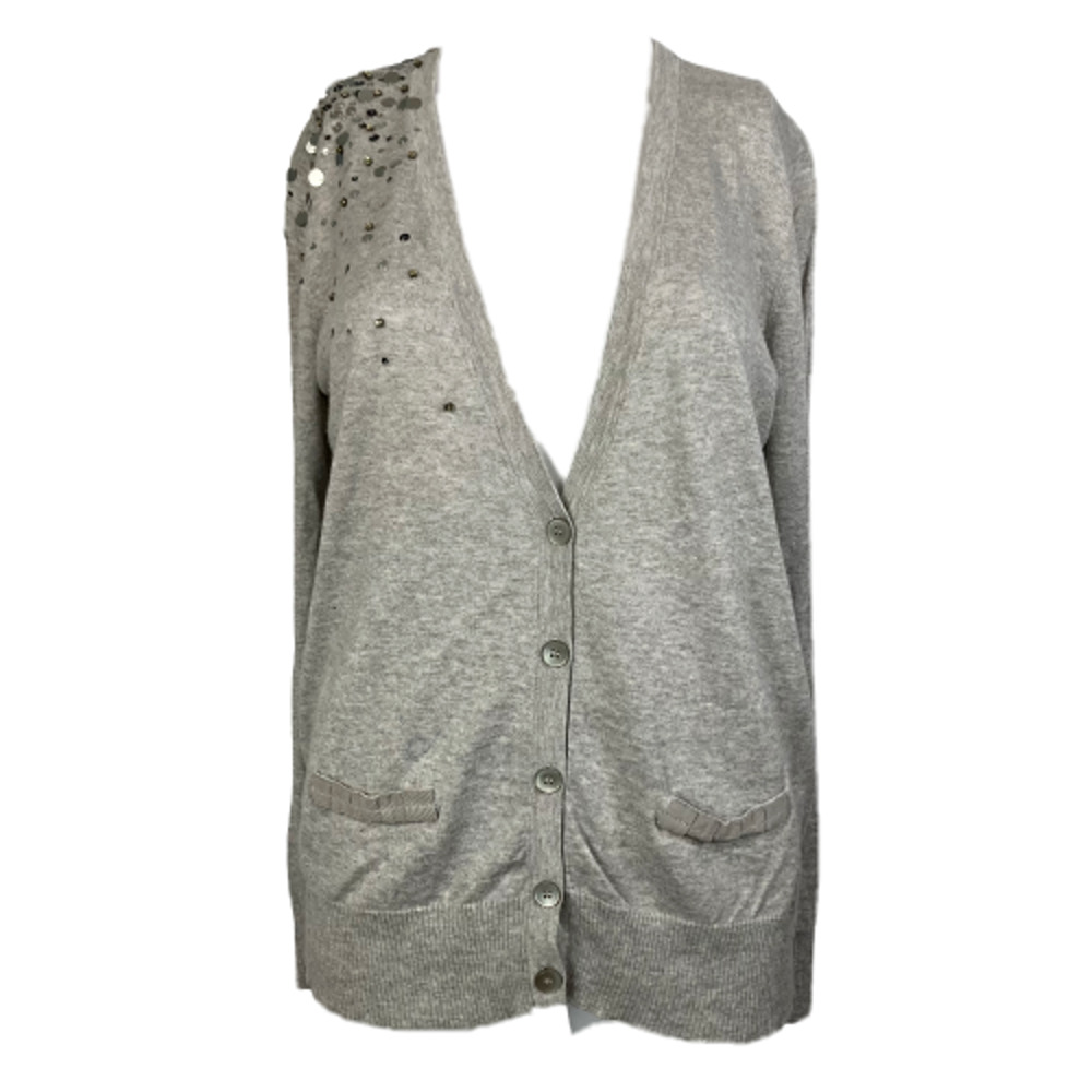 Ann Taylor LOFT Cardigan Womensโ LP Petite Gray Cotton Wool Sequin V-Neck